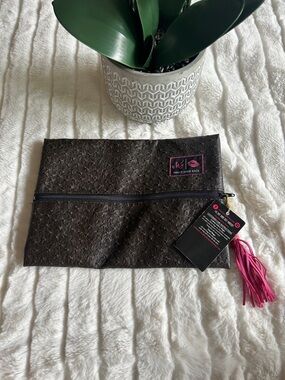 M&J Makeup Pouch Clutch in Dark Brown with Pink Tassel